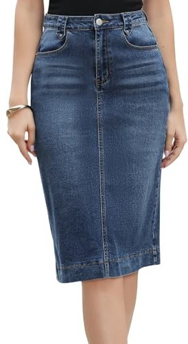 Allegra K Jupe en Jean Femme Taille Haute Coupe Crayon, Longueur Genou, Fente Dos,Jupe Délavée Vintage Bleu Foncé M