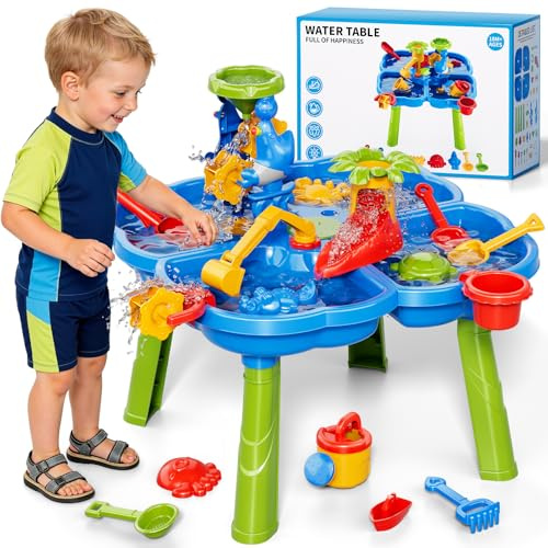 Ci Vetch Sand and Water Table for Toddlers 1-3, Kids Outdoor Activity Water Tables with Beach Fun Sand Toy, Summer Outside Toys Water Playset for Toddler Boys Girls Ages 2 3 4 5 6 7 8