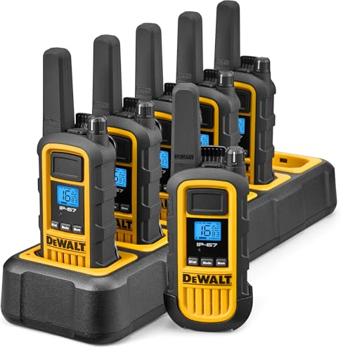 DeWALT Long Range Walkie Talkies for Adults with Charging Dock, 6 Pack | Rechargeable Professional Handheld, Two Way Radios, Pmr446 Licence-Free, Vox Hands Free, Work Teams, Construction, Warehouse