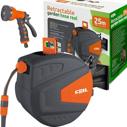 COIL Trädgårdsslang, automatisk slangtrumma, väggmontering, smart stopp, 9 sprayfunktioner, inkl. sprutpistol, 2 m inloppsslang, 25 m
