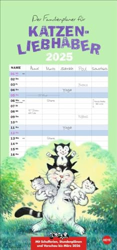 Jacob Familienplaner für Katzenliebhaber 2025: Terminkalender für Katzenliebhaber. Praktischer Familienkalender mit 5 Spalten. Liebvoll illustrierter Wandplaner für Familien. (Familienplaner Heye)