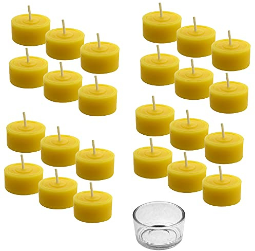 24 Teelichter mit 1 Glasschale aus 100% reinem Bienenwachs