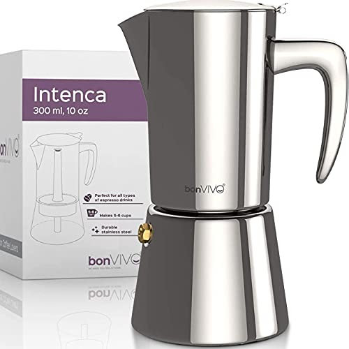 bonVIVO - Caffettiera italiana in acciaio inox Intenca per caffè espresso corposo in INOX finitura argentata, per 6 tazze, tutti i fuochi, tra cui induzione, caffettiera italiana per induzione
