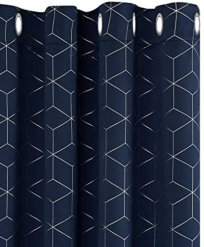 Deconovo Eyelet Blackout Curtains 72 Inch Drop, Diamond Foil Printed Thermal Insulated Room Darkening Curtains for Living Room 46 x 72 Inch(Width x Length), Navy Blue, One Pair