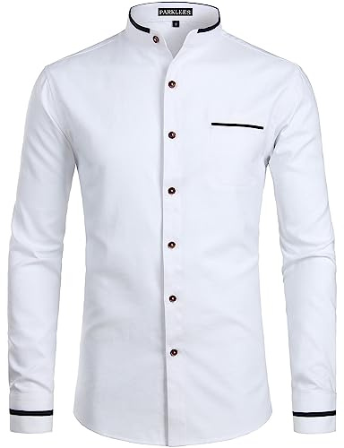 PARKLEES Mens Hipster Design Grandad Collar Oxford Shirt Slim Fit Long Sleeve Casual Button Down Dress Shirts with Pocket White L