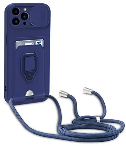 yanasuo Protección de Cámara Funda Compatible con iPhone 13 Pro, con Anillo Soporte, Ajustable Collar Correa de Cuello Cordón Carcasa de Silicona-Azul