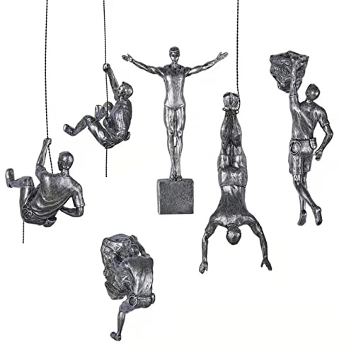 Pevfeciy Dekofigur Kletterer,6 Klettern Männer wandskulptur,Sich abseilender Mann, Wall e Figur，aus Kunstharz und Metall, Wandkunst, Kreativer Designs