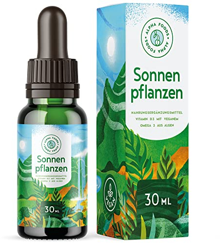 Sonnenpflanzen Tropfen - 5.000 IE Vitamin D3 mit Vitamin K2, Chlorophyll und Omega 3 Algenöl - Laborgeprüfte Stabilität und Bioverfügbarkeit, hochdosiert mit Depotwirkung, flüssig - 30ml