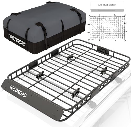 Wildroad Car Roof Cargo Carrier Combo of Upgraded 64x 39x 4 Roof Rack Cargo Basket with 21 Cubic ft Ultra Waterproof Anti-Tear Fabric Cargo Carrier Bag and Super Duty Bungee Cargo Net