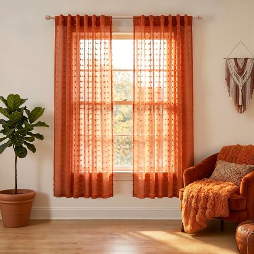 KOUFALL Cortinas traslúcidas Bohemias de 160 cm para habitación Infantil, Dormitorio, 2 Paneles de Cortinas Transparentes con Pompones de Mariposa sintética, Color Naranja