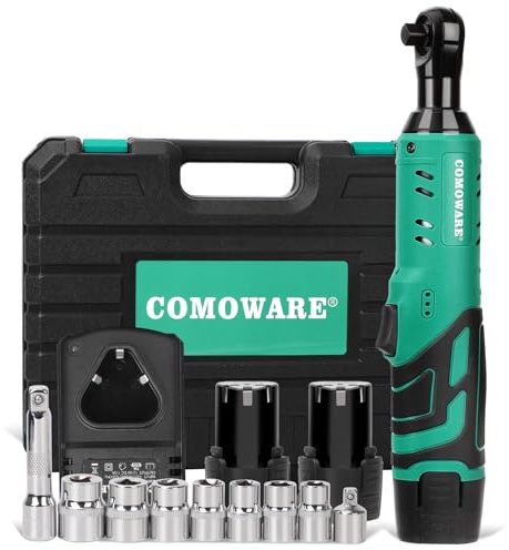 COMOWARE 3/8 Cordless Electric Ratchet Wrench Kit, 40ft-lbs Torque, 12V Power, 8 Sockets, LED Light, Fast Charger, Ergonomic Design
