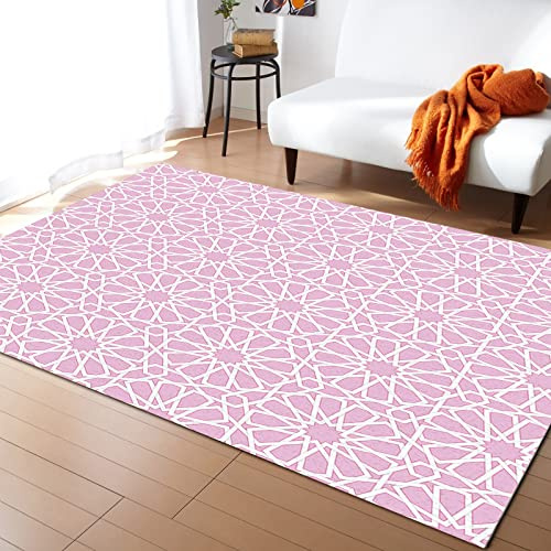 Alfombras De Area Líneas Geométricas Blancas Flores Textura Rosa Lavable Felpudo Entrada Atrapar Suciedad,Resistente Alfombrilla para Entrada Puerta Dormitorio 120X160Cm