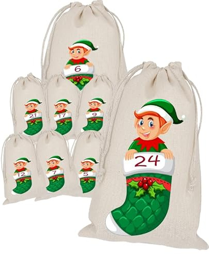 Adventskalender zum Befüllen, 24 Stoffbeutel, Bedruckt 20x15 Groß, Wichtel, Weihnachten Geschenksäckchen, Säckchen, DIY Selber Befüllen, Weihnachtskalender