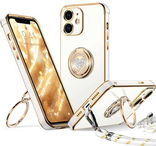 XYZ für iPhone 11 Hülle mit Band, Weiß | Herzen Doppelring Ständer HandyHülle, Frauen Mädchen Dünn Stoßfeste Case mit Handykette, Anti Kratzt SchutzHülle