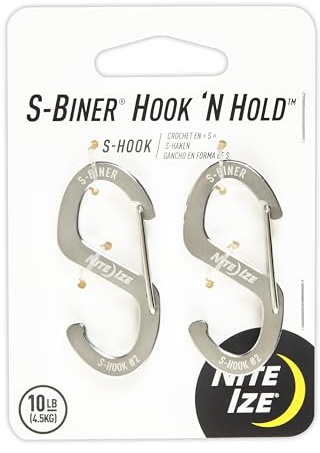 Nite Ize S-Biner Hook 'N Hold S-Hook, Stainless Steel S-Hook with Clip, Holds Keys Tumblers and More, Small 2 Pack