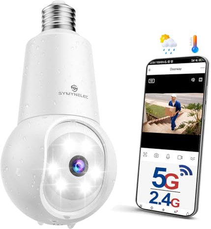 SYMYNELEC Caméra Surveillance Ampoule Extérieure 5GHz/2.4GHz, Caméra WiFi 360° sans Fil, Camera Sécurité 3K 5MP avec Suivi Humain, Vision Nocturne Couleur, Audio Bidirectionnel, Compatible avec Alexa
