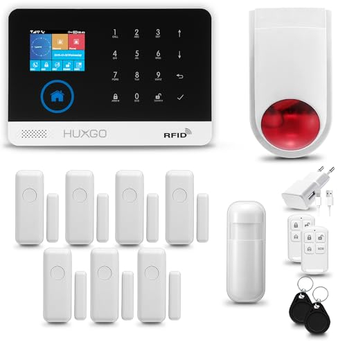 HUXGO® HXA003 Allarme casa senza fili WiFi + GSM con wireless Sirena | Kit allarme con 1x rilevatore di movimento, 7x sensori per porte e finestre, telecomando | Compatibile con TUYA