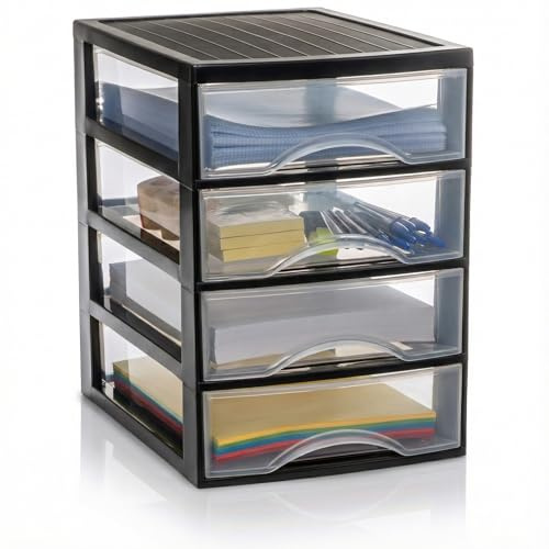 Hausfelder Schubladenbox A4 mit 4 Schubladen, Transparente Kunststoff Schubladenbox für Schreibtisch, Büro Organizer Schubladen, Aufbewahrungsbox mit Schubladen, Din A4, Stapelbar, 36,5x26x36,5cm
