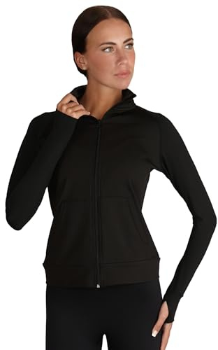 Silky Dance Veste de course à pied zippée pour femmes et filles, veste de sport à manches longues, haut de course à pied, uniforme de danse, veste noire avec trous pour les pouces et poches, Noir , S