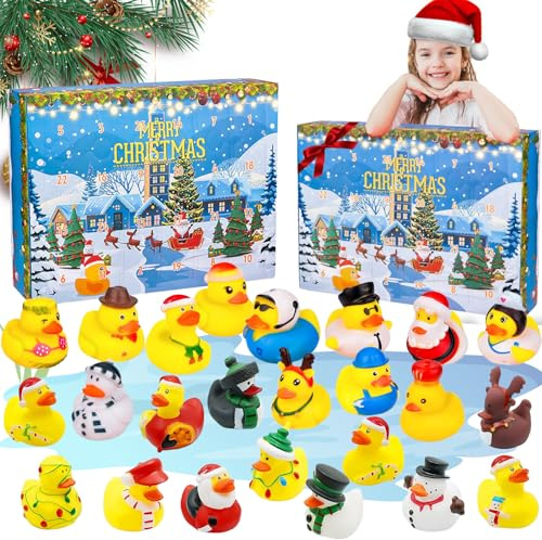 Adventskalender Enten 2025, Weihnachtskalender für Kinder, Baby Adventskalender mit 24 Weihnachten Quietscheenten Enten Adventskalenders Weihnachtsgeschenke, Badespielzeug Set