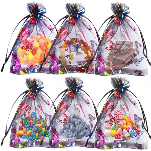 Sakiyrmai 100 Stück Organzasäckchen | Organzabeutel Schwarzer Glücksschmetterling 10 x 15CM | Geschenkbeutel Organza | Schmuckbeutel | Geschenksäckchen für DIY