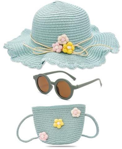 GVMJHYK Set di cappello di paglia e mini borsa a tracolla in paglia, con decorazione floreale e occhiali da sole in acrilico, per bambini e ragazze, cappello estivo da spiaggia, per viaggi, attività