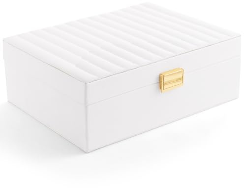 Gifturbo Boîte à bijoux à 2 étages pour femmes, boîte à bijoux blanche avec plateau amovible, boîte à bijoux en PU pour filles, pour boucles d'oreilles, colliers et bracelets, idée cadeau, blanc