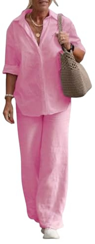 MINTLIMIT Womens 2 Piece Linen Pants Suit Casual Loose Outfit Button Down Lape Long Sleeve Top Shirts Sets Wide Leg Trousers