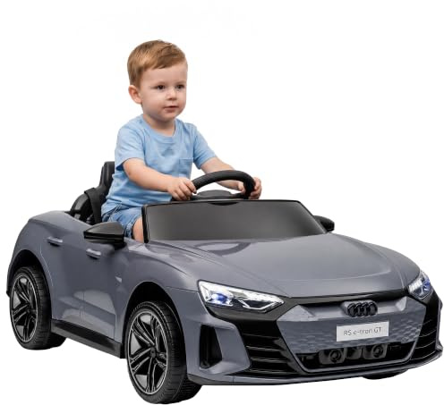 HOMCOM Kinder Elektroauto Audi RS E-tron GT 12V Kinderauto 2 Motor Grau | 2,4 GHz Fernbedienung, Hupe, LED, Musik, Sanftstart, Hilfsrad, für 3-5 Jahre Kinder