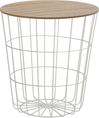 Spetebo Gitterkorb Beistelltisch aus Metall 39 cm - Weiß - Korbtisch mit Holz Optik Tischplatte in braun - Deko Tisch klein mit Aufbewahrungskorb Couchtisch Kaffeetisch Dekotisch mit Staufach