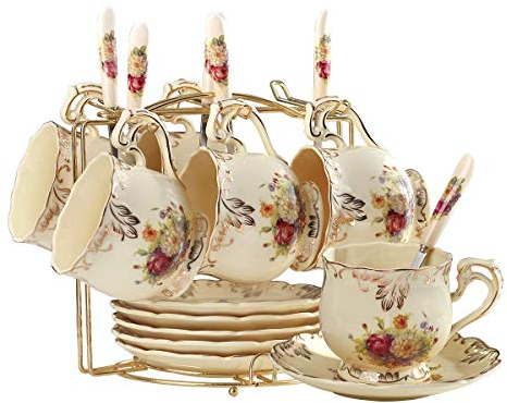 YOLIFE Tea Cup and Saucer Set of 6, 200ml Vintage Ivory Porcelain Cups Saucers Set with Gold Stand, Gift for Women