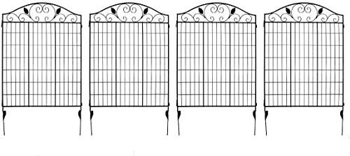MTB Black Coated Garden Iron Style Metal Side Outdoor Patio Gate Steel Decorative Garden Fence Panel 112cm Hx 91cm W (4 Pack, Linear Length 12 feet) 2 Leaves, Metal Border Folding Fence