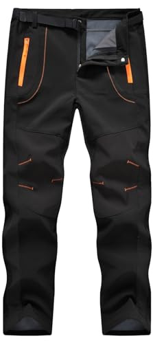 TBMPOY Men's Snow Ski Hiking Pants Waterproof Winter Fleece Lined Pants Camping Skiing Ice Fishing Pants with Belt 02 Thick Black L
