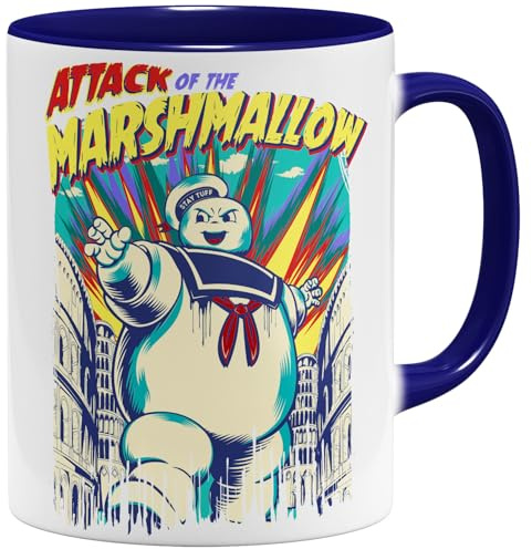 OM3® Ghost Marshmallow Attack Kaffee-Tasse mit Retro Motiv - Comic Style - Keramik Becher - 325ml - Beidseitig Bedruckt - Dunkelblau