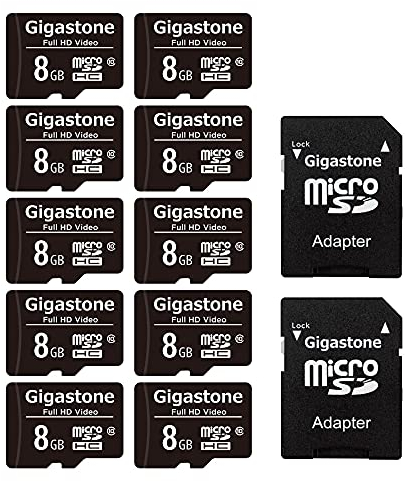 GIGASTONE 8GB Tarjeta de Memoria Micro SD, Paquete de 10, Video Full HD, Cámara de Acción, Cámara de Vigilancia y Seguridad, Drone Professional, 80 MB/s Micro SDHC UHS-I U1 Clase 10