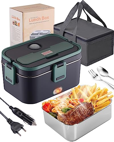 Fiambrera Electrica 60W,calentar comida electrica 1,8L,Tartera Electrico portatil 12/24/220V,con Bolsas de aislamiento para Coche Camión y Trabajo(Verde)