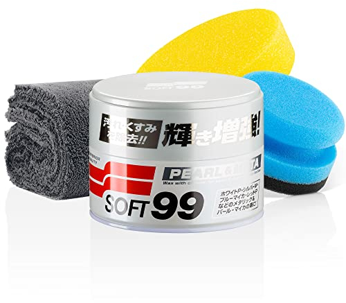 detailmate Soft99 Pearl Metallic Soft Juego de cera para coche para tonos grises, sellado de pintura, protección de pintura, 320g + esponja de pulido manual + gamuza microfibra 550GSM, 40x40cm