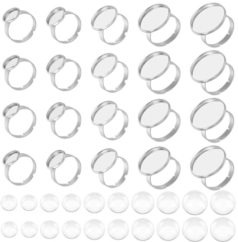 UNICRAFTALE 5 Größen der Ringbasis aus Edelstahl, verstellbar mit Cabochons (10/12/16/18/20 mm), ca. 20 Sets Fingerringe, verstellbar, blanko, Cabochon-Parameter