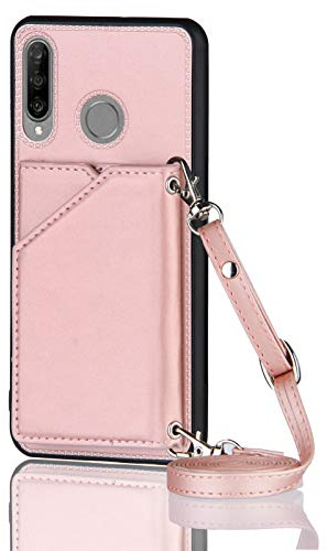 Paekear Handykette für Huawei P30 Lite, PU-Leder Hülle- Handyhülle mit Band zum Umhängen - Klapptasche Handytasche Case mit Handy-Kette, Kartenfach und Portmonee, Roségold