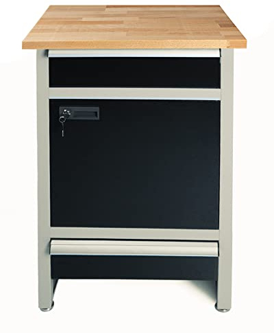 Ondis24 PRO Werkbank Finn 60cm Werktisch aus Metall mit 1 Tür 2 Schubladen und Aluminiumgriffen Schwarz Grau Arbeitshöhe 95cm wählbare Arbeitsplatte (Buche)