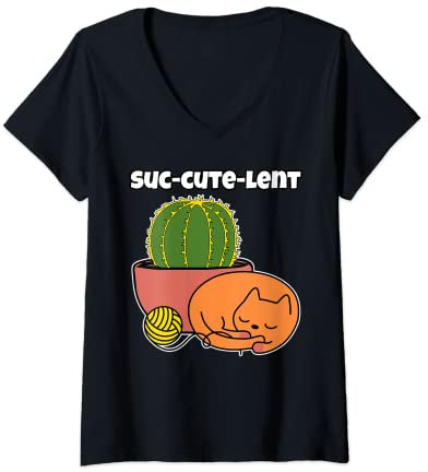 Femme Cactus boule d'or et Chat endormi si mignon succute T-Shirt avec Col en V