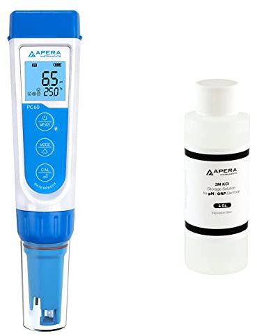 Apera Instruments PC60 Premium 5-in-1 Multiparameter-Messgerät (pH-Wert, Leitfähigkeit/EC, TDS, Salzgehalt, Temperatur, pH 0,01/1% Genauigkeit) & Apera Instruments Elektrolyt Lösung 3M (250 ml)