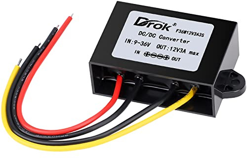 DROK Boost Buck Converter 9V-36V to 12V 3A 36W Plastic Shell Waterproof Auto Step Up Down Voltage Regulator 12V Volt Transformer for Car Audio Solar Power System LCD Television LED Display Screen