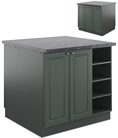 Vicco Kücheninsel Fame-Line, Grün-Gold Landhaus/Anthrazit, 90 cm | MDF-Front · 6 Einlegeböden · Höhenverstellbare Füße · Metallgriffe · Soft-Close