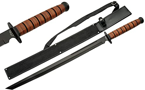 SZCO 27.5 Inch Sword with Sheath – Stainless Steel Black Blade, Full Tang Combat Style Sword, Leather Wrapped Handle, Heavy Duty Outdoor Sword with Nylon Carrying Case