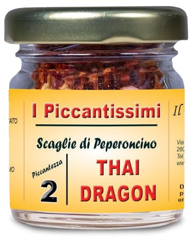 I Piccantissimi - Pimiento picante THAI DRAGON en tarro (15 g) - Copos de chile de larga duración - Pimiento THAI DRAGON cultivado con respeto en Italia (50.000 SHU)