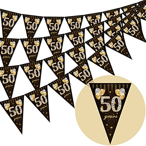 50. Geburtstag Wimpel, glückliche Banner Wimpel Fahnen, 40 Stück Dreieck Gold Schwarz Glitter Diamant nach Zahlen 50. Geburtstag Jahrestag Thema Party Dekoration liefert