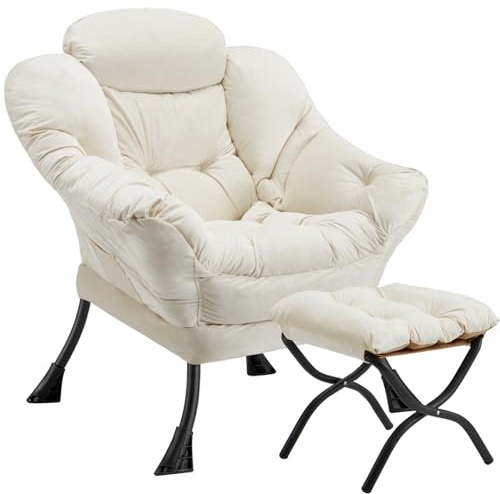 Congermom Lazy Chair with Folding Ottoman Modern Large Accent Chair,Contemporary Lounge Leisure Sofa Chair with Armrests Upholstered Sofa Armchair Reading Chair for Bedroom,Dorm & Office (Beige-f)