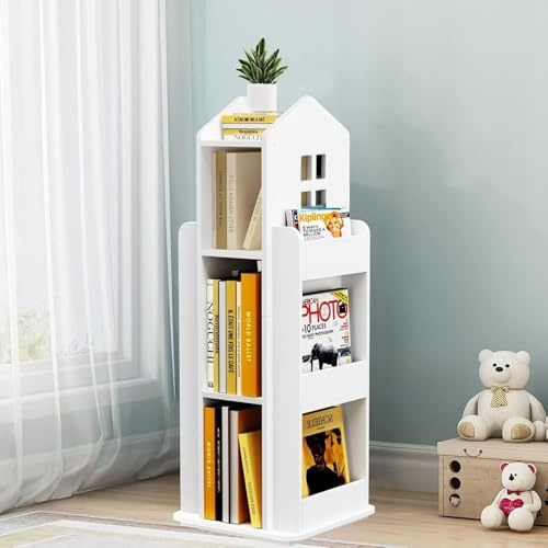 bimiti Childrens' Bookshelf Kids 3-Tier 360° Rotating Bookshelf, House-shaped Display Floor Standing Revolving Bookcase for Kids Adults, Tower-shaped Storage Organizer Shelf for Home Office Study Room