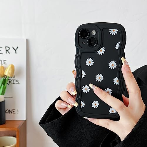 ZTOFERA Fodral för iPhone 15, söta lockiga vågor ramform tusensköna mönster silikon mobilskal, flexibelt stötsäkert skyddsfodral för iPhone 15 6,1 tum – svart